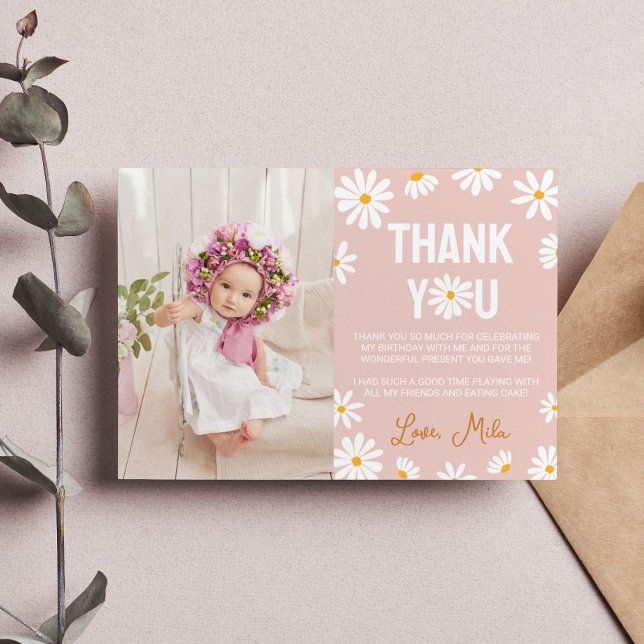Blush Pink Daisy Birthday Party Thank You Card (Creator Uploaded)