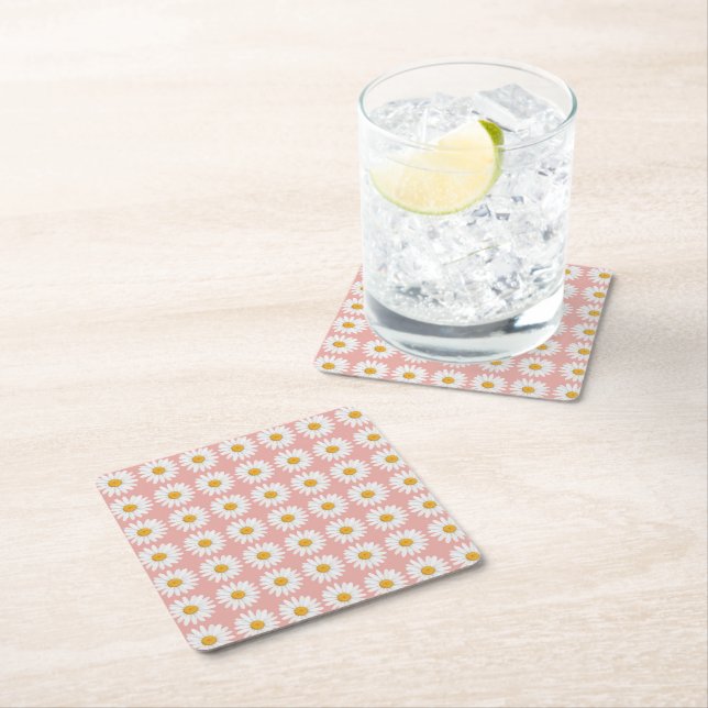 Blush Pink Daisy Floral Pattern Baby Shower Square Paper Coaster (Insitu)