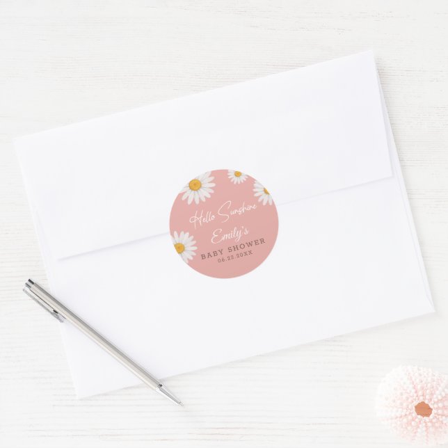 Blush Pink Daisy Hello Sunshine Baby Shower Classic Round Sticker (Envelope)