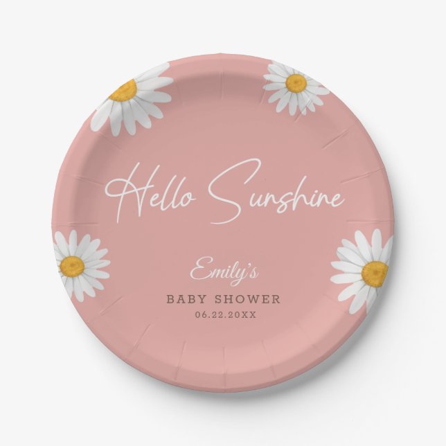 Blush Pink Daisy Hello Sunshine Baby Shower Paper Plate (Front)