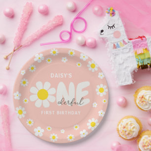Blush Pink Daisy One-Derful 1st Birthday Party Paper Plate
