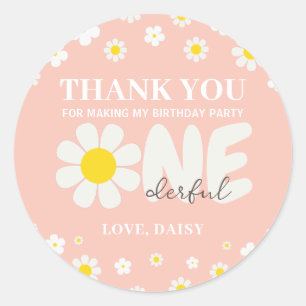 Blush Pink Daisy One-Derful Thank you Birthday Classic Round Sticker