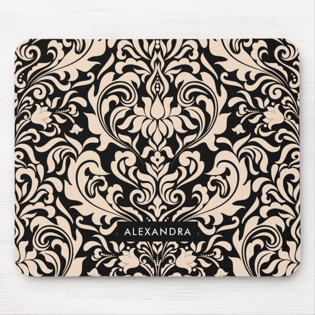 Blush Pink Damask on Black Mouse Pad (Front)
