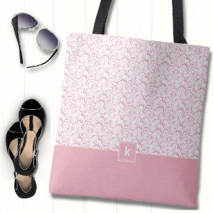 Blush Pink Damask Pattern Monogram Tote Bag