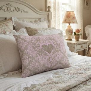 Blush Pink Damask With Heart Decorative Cushion