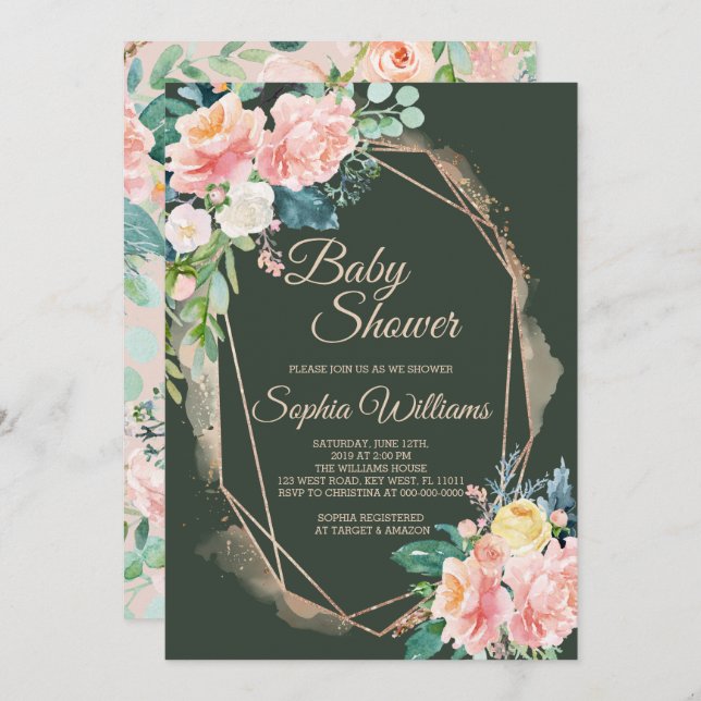 Blush Pink, Dark Green & Gold Baby Shower Invitation (Front/Back)