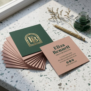 Blush Pink Dark Green Gold Monogram Business Card
