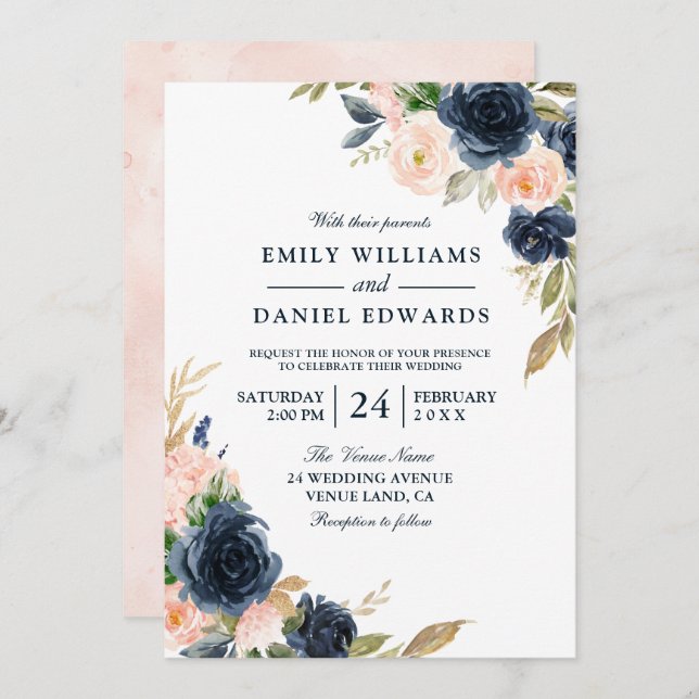 Blush Pink & Deep Navy Elegant Spring Wedding Invitation (Front/Back)