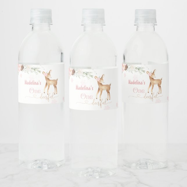 Blush pink deer girl first birthday one water bottle label (Bottles)