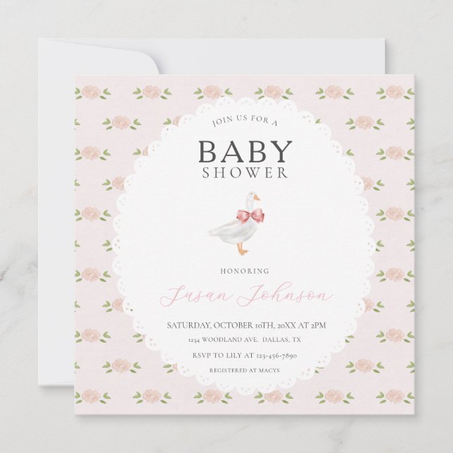 Blush Pink Delicate Floral White Goose Baby Shower Invitation (Front)