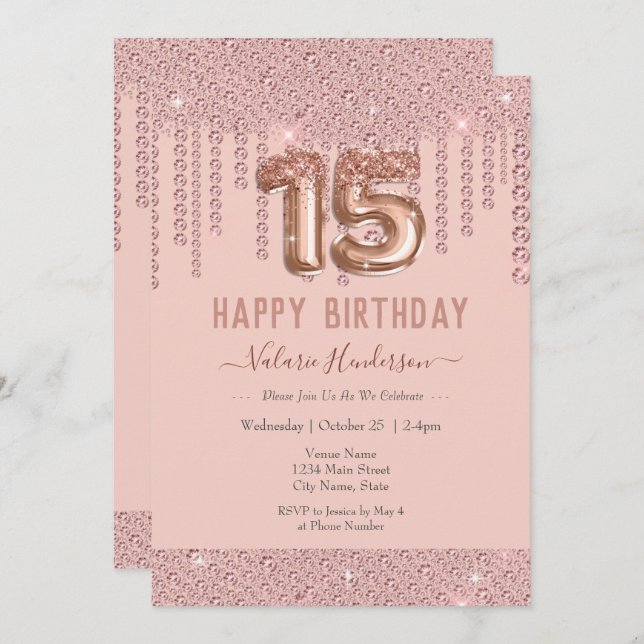 Blush Pink Diamond Drips Happy 15th Birthday (Front/Back)