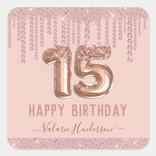 Blush Pink Diamond Drips Happy 15th Birthday Square Sticker (Front)