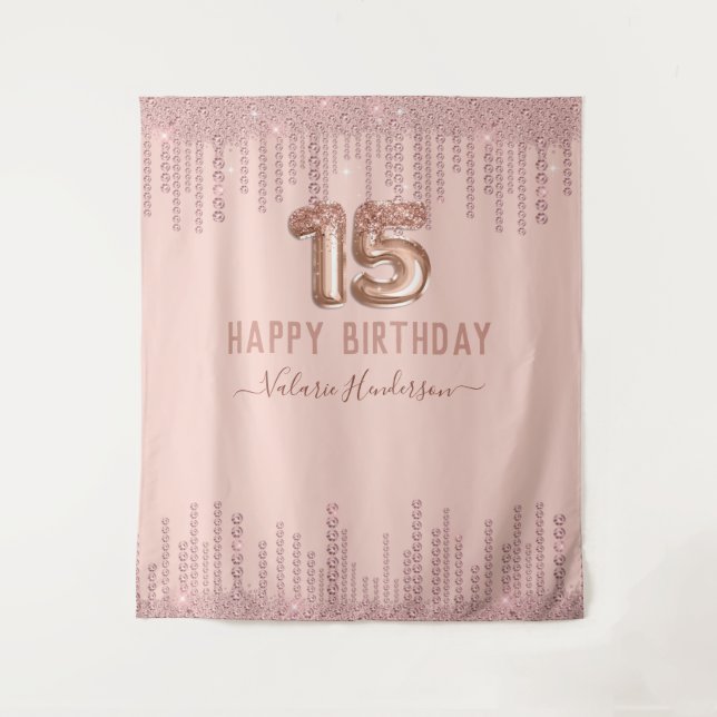 Blush Pink Diamond Drips Happy 15th Birthday Tapestry (Front)