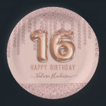 Blush Pink Diamond Drips Happy 16th Birthday Paper Plate<br><div class="desc">Girly pink diamond drips,  millennial pink background,  with fancy script name typography. Faux rose gold 16 balloon text.  Great for sweet 16 celebrations. All text is adjustable.</div>