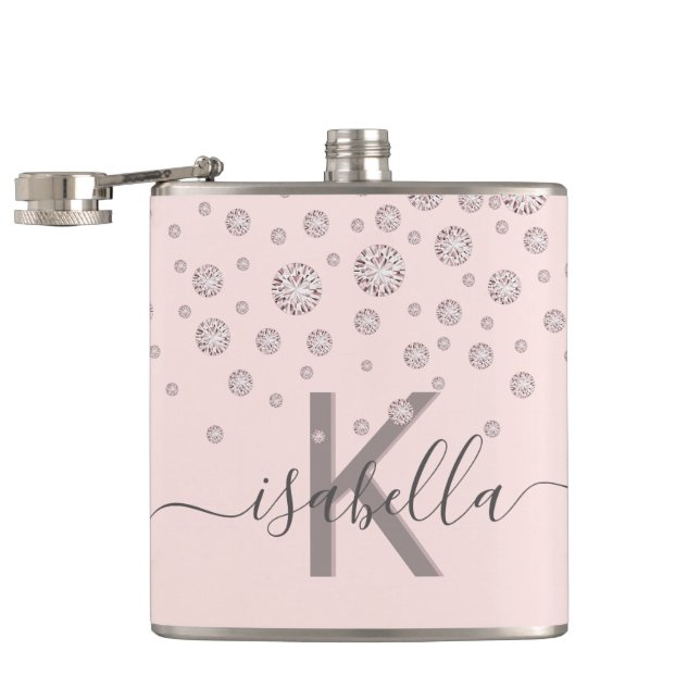 Blush pink diamonds rose gold monogram script hip flask (Opened)