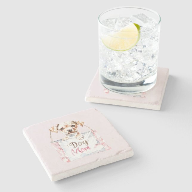 Blush Pink Dog Mom Bag Stone Coaster (Side)
