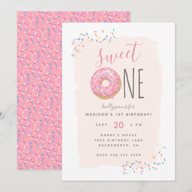 Blush | Pink Doughnut Sprinkle Sweet 1st Birthday Invitation (Front/Back)