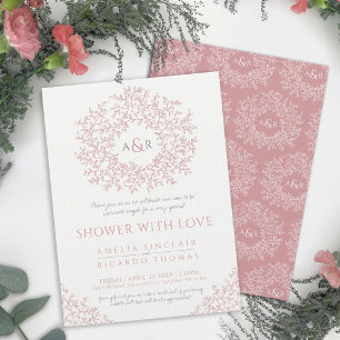 Blush pink drawn leaf monogram couples shower invitation