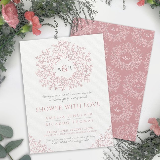 Blush pink drawn leaf monogram couples shower invitation (Creator Uploaded)