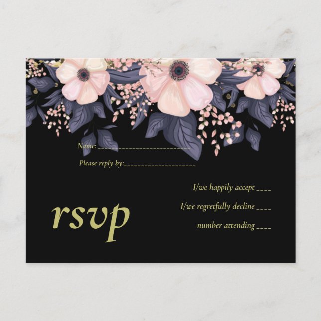 Blush Pink Dusty Blue Black Wedding Floral Budget Invitation Postcard (Front)