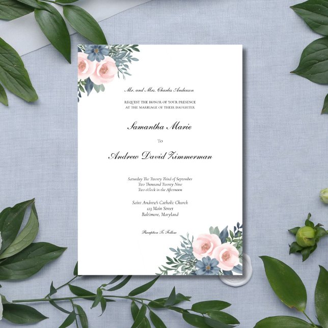 Blush Pink Dusty Blue Formal Elegant Wedding  Invitation (Blush Pink Dusty Blue Watercolor Floral Elegant Wedding invitation, Printed or Digital Download)