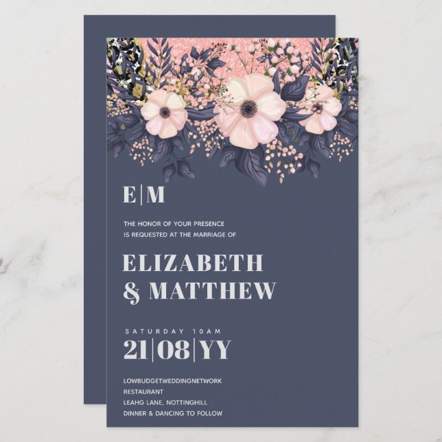 Blush Pink Dusty Blue Rosegold Floral Wedding Chic (Front/Back)