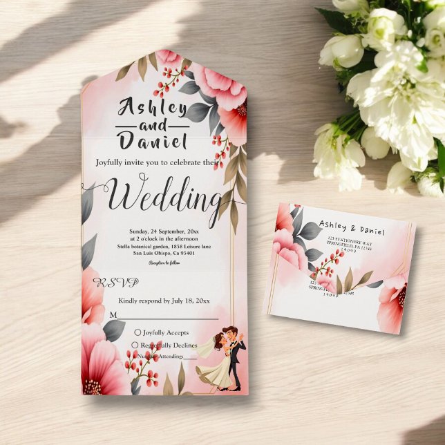 Blush Pink Dusty Rose Bride Groom Floral Wedding All In One Invitation (Creator Uploaded)