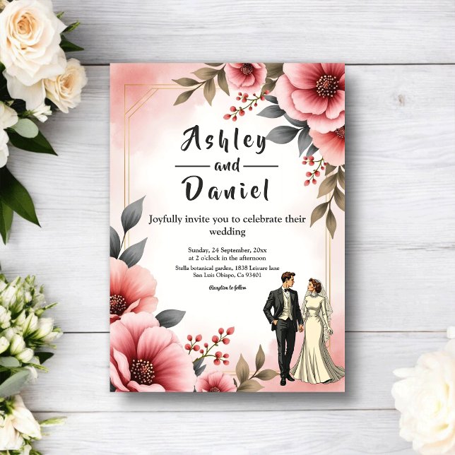 Blush Pink Dusty Rose Bride Groom Floral Wedding Invitation (Creator Uploaded)
