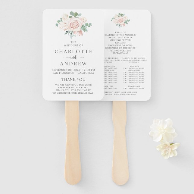 Blush Pink Dusty Rose Eucalyptus Wedding Program Hand Fan (Front and Back)