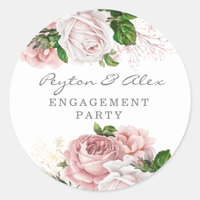 Blush Pink Dusty Rose Floral Engagement Party Classic Round Sticker (Front)