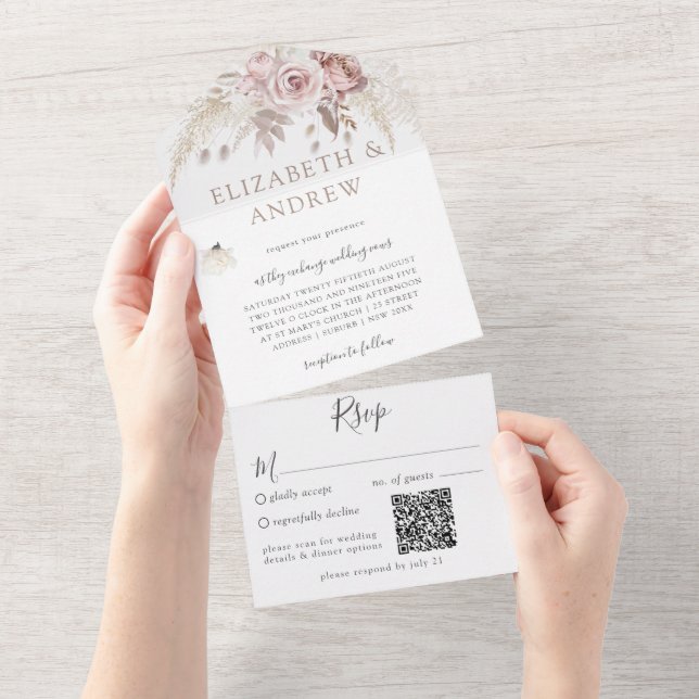 Blush Pink Dusty Rose Floral QR Code All in One Invitation (Tearaway)