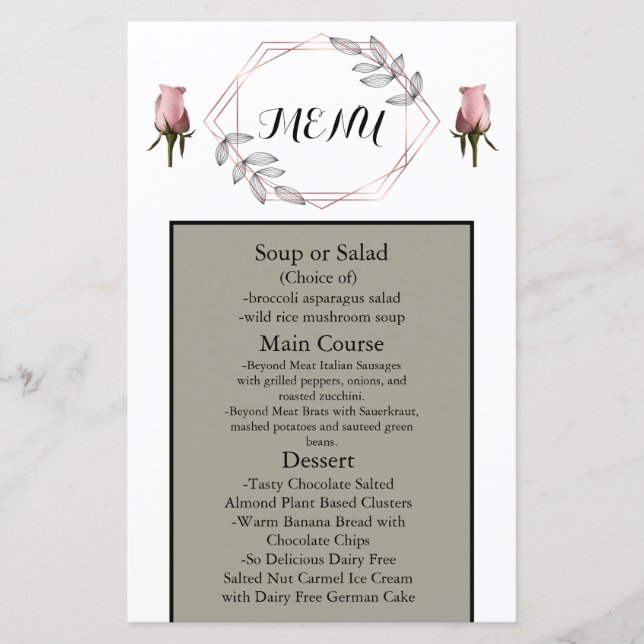 Blush Pink Dusty Sage Wedding Menu with Roses (Front)