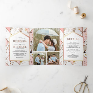 Blush Pink Earthy Geometric Terrazzo Wedding Tri-Fold Invitation