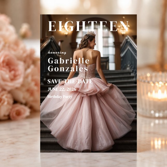 Blush Pink Eighteenth Save The Date (Elegant blush pink save the date featuring a glamorous sweet eighteen celebration.)