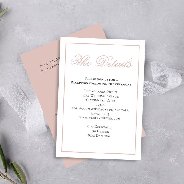 Blush Pink Elegant Calligraphy Details RSVP Enclosure Card (Wedding blush pink details card with QR code template. )