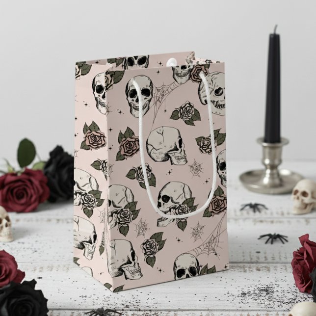 Blush Pink Elegant Dark Halloween Skull Small Gift Bag (Cool Blush Pink Floral Black Skulls. Elegant Gothic Halloween & Dia de los Muertos Gift Bags for Her)