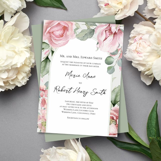 Blush Pink Elegant Floral Arch Wedding Invitation (Blush pink watercolor wedding invitation. )