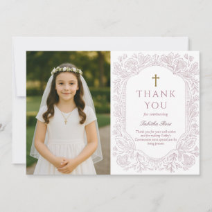 Blush Pink Elegant Floral Communion Thank You Card