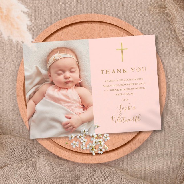 Blush Pink Elegant Gold Baptism Christening Photo Thank You Card (Creator Uploaded)