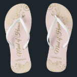 Blush Pink Elegant Gold Lace Maid of Honour Weddin Jandals<br><div class="desc">These beautiful wedding flip flops are a great way to thank and recognise your Maid of Honour while saving her feet at the same time. Features an elegant design with golden lace frills on a pale blush pink background and fancy gold coloured script lettering. The test reads Maid of Honour...</div>