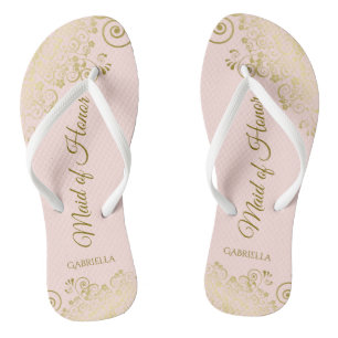 Blush Pink Elegant Gold Lace Maid of Honour Weddin Jandals