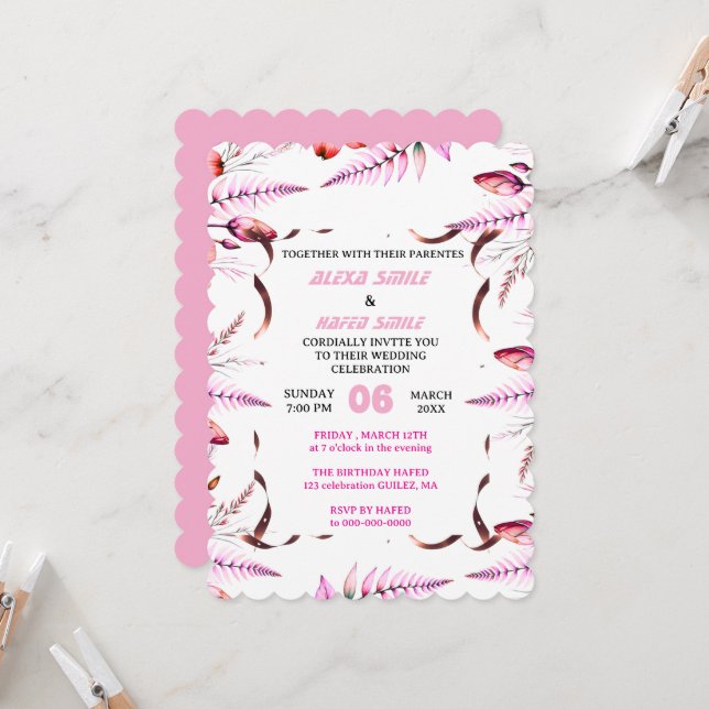 Blush Pink  Elegant Gold Wedding Invitation , Whit (Front/Back In Situ)