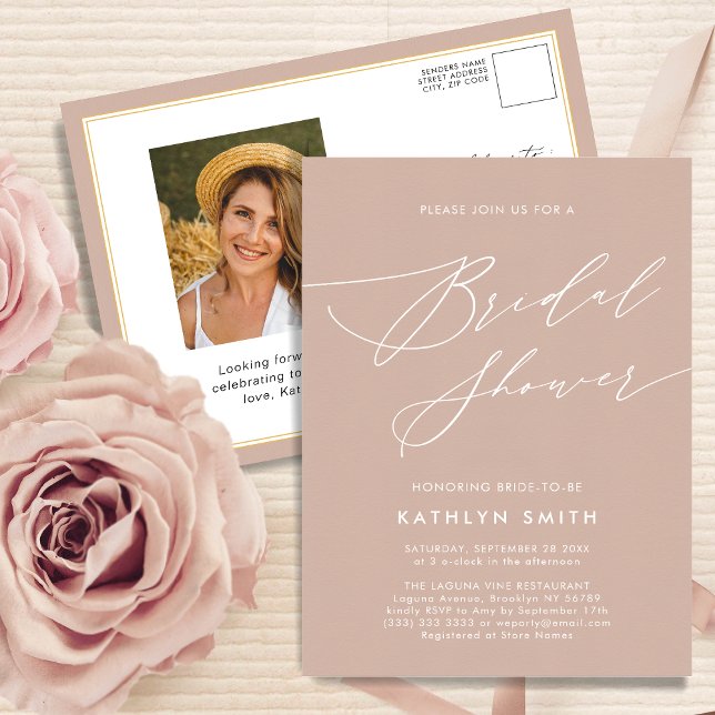 Blush Pink Elegant Script Modern Bridal Shower Invitation Postcard (Creator Uploaded)