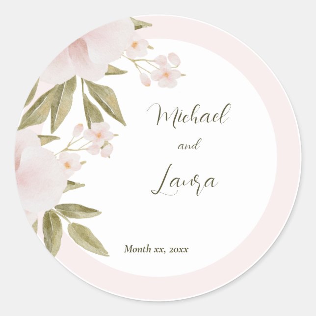 Blush Pink Elegant Watercolor Floral Wedding  Classic Round Sticker (Front)