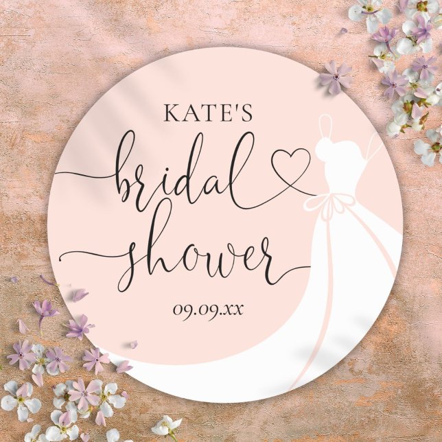 Blush Pink Elegant Wedding Dress Bridal Shower Classic Round Sticker (Blush Pink Elegant Wedding Dress Bridal Shower Classic Round Sticker)