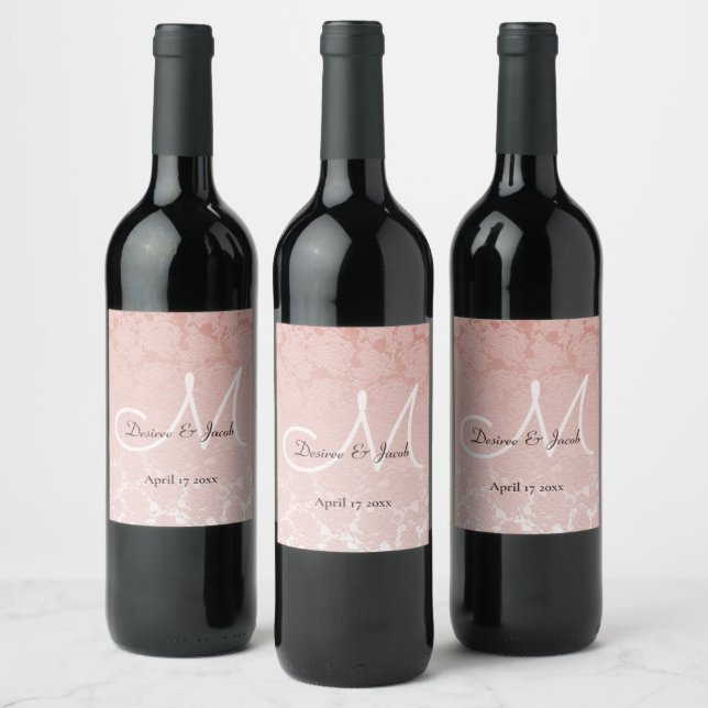 Blush Pink Elegant Wedding Reception Monogram Wine Label (Bottles)