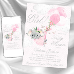Blush Pink Elephant Balloons Butterfly Baby Shower Invitation