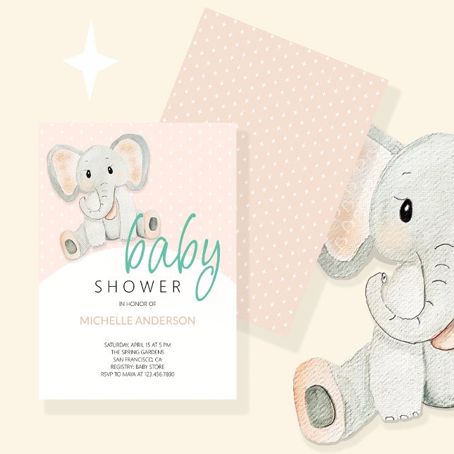 Blush Pink Elephant Girl Watercolor Illustration Invitation (Creator Uploaded)