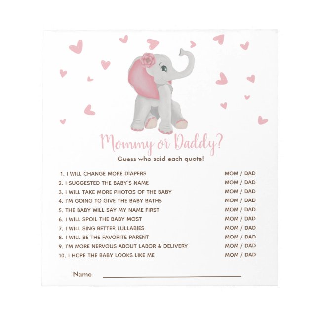 Blush Pink Elephant Guess Who Baby Shower Game Notepad (Front)