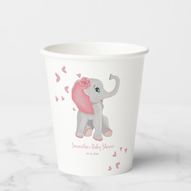 Blush Pink Elephant Watercolor Hearts Baby Shower  Paper Cups (Front)